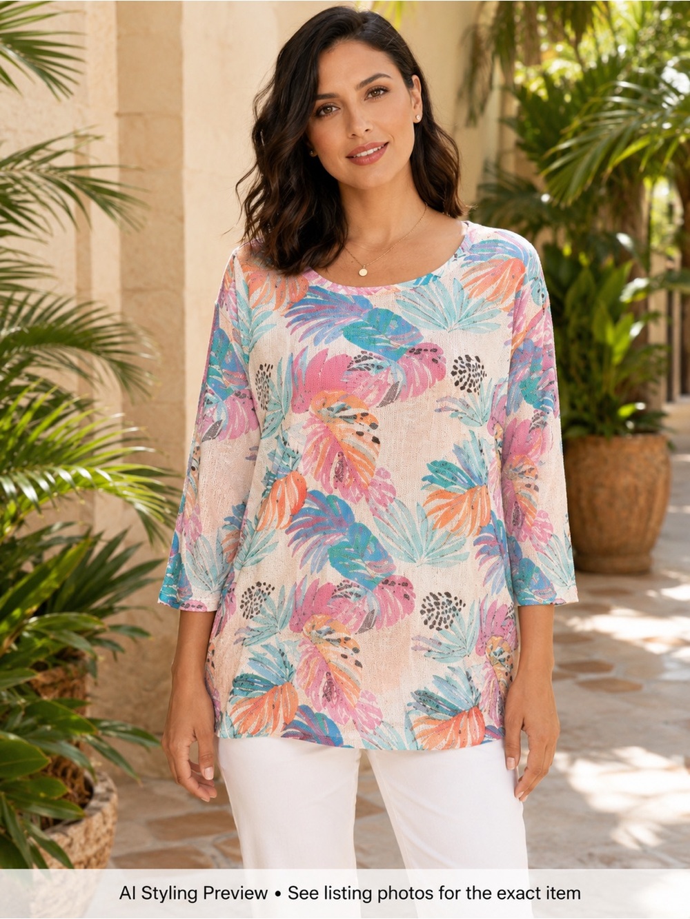 Moffi Tropical Leaf Print Knit Tunic Top XXL Pink Aqua Resort Cruise